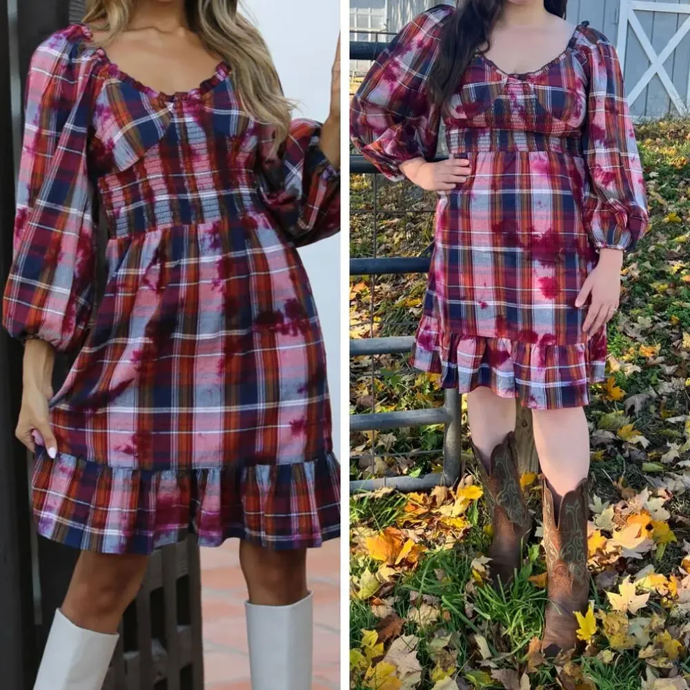 Angie Plaid Flannel Long Sleeve Dress Ruffle Hem Bleach Effect Size S Smocked